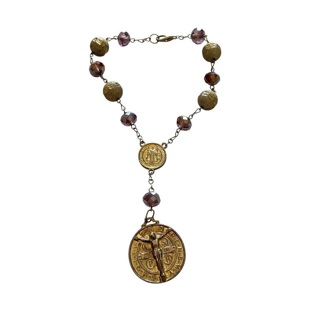 Rosary Chaplet Saint Benedict Holy Medal Gold Tone Purple Glass Beads 9”